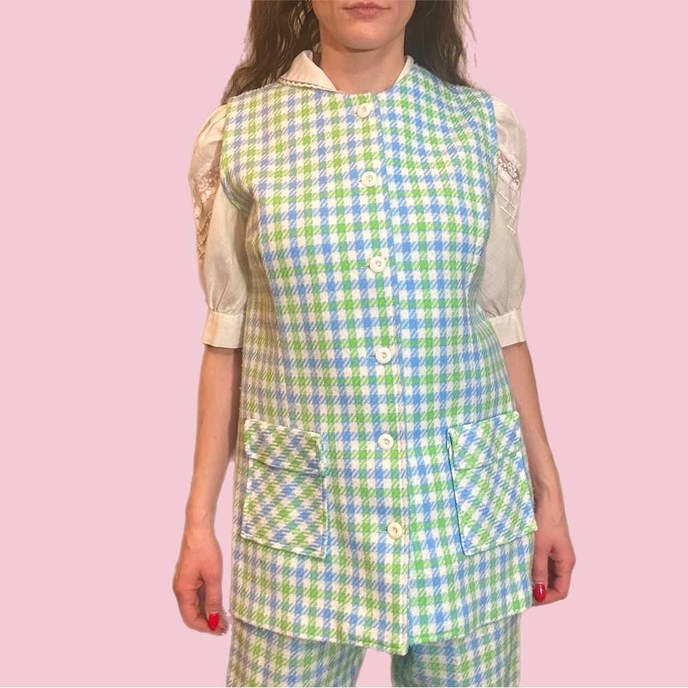 Rare Vintage 1970's MOD green/blue houndstooth two-piece suit - Picture 6 of 16